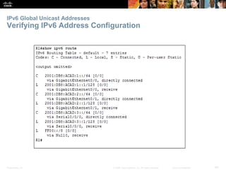 IPv6 Global Unicast Addresses 
Verifying IPv6 Address Configuration 
Presentation_ID © 2008 Cisco Systems, Inc. All rights reserved. Cisco Confidential 69 
 