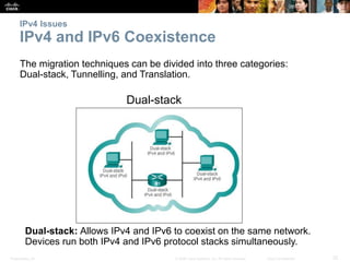 IPv4 Issues 
IPv4 and IPv6 Coexistence 
The migration techniques can be divided into three categories: 
Dual-stack, Tunnel...