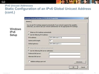 IPv6 Unicast Addresses 
Static Configuration of an IPv6 Global Unicast Address 
(cont.) 
Windows 
IPv6 
Setup 
Presentatio...