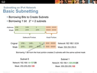 Subnetting an IPv4 Network 
Basic Subnetting 
 Borrowing Bits to Create Subnets 
 Borrowing 1 bit 21 = 2 subnets 
Borrowing 1 Bit from the host portion creates 2 subnets with the same subnet mask 
Subnet 1 
Network 192.168.1.128-255/25 
Mask: 255.255.255.128 
Subnet 0 
Network 192.168.1.0-127/25 
Mask: 255.255.255.128 
Presentation_ID © 2008 Cisco Systems, Inc. All rights reserved. Cisco Confidential 6 
 