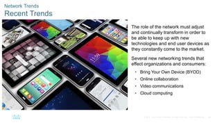 49
© 2016 Cisco and/or its affiliates. All rights reserved. Cisco Confidential
Network Trends
Recent Trends
The role of the network must adjust
and continually transform in order to
be able to keep up with new
technologies and end user devices as
they constantly come to the market.
Several new networking trends that
effect organizations and consumers:
• Bring Your Own Device (BYOD)
• Online collaboration
• Video communications
• Cloud computing
 