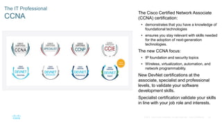 65
© 2016 Cisco and/or its affiliates. All rights reserved. Cisco Confidential
The IT Professional
CCNA
The Cisco Certified Network Associate
(CCNA) certification:
• demonstrates that you have a knowledge of
foundational technologies
• ensures you stay relevant with skills needed
for the adoption of next-generation
technologies.
The new CCNA focus:
• IP foundation and security topics
• Wireless, virtualization, automation, and
network programmability.
New DevNet certifications at the
associate, specialist and professional
levels, to validate your software
development skills.
Specialist certification validate your skills
in line with your job role and interests.
 