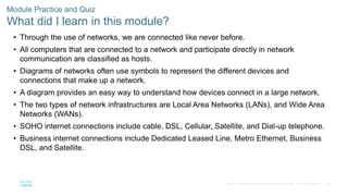 69
© 2016 Cisco and/or its affiliates. All rights reserved. Cisco Confidential
Module Practice and Quiz
What did I learn in this module?
• Through the use of networks, we are connected like never before.
• All computers that are connected to a network and participate directly in network
communication are classified as hosts.
• Diagrams of networks often use symbols to represent the different devices and
connections that make up a network.
• A diagram provides an easy way to understand how devices connect in a large network.
• The two types of network infrastructures are Local Area Networks (LANs), and Wide Area
Networks (WANs).
• SOHO internet connections include cable, DSL, Cellular, Satellite, and Dial-up telephone.
• Business internet connections include Dedicated Leased Line, Metro Ethernet, Business
DSL, and Satellite.
 