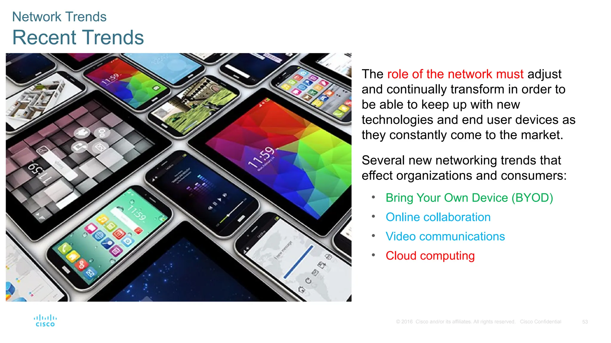 53
© 2016 Cisco and/or its affiliates. All rights reserved. Cisco Confidential
Network Trends
Recent Trends
The role of the network must adjust
and continually transform in order to
be able to keep up with new
technologies and end user devices as
they constantly come to the market.
Several new networking trends that
effect organizations and consumers:
• Bring Your Own Device (BYOD)
• Online collaboration
• Video communications
• Cloud computing
 