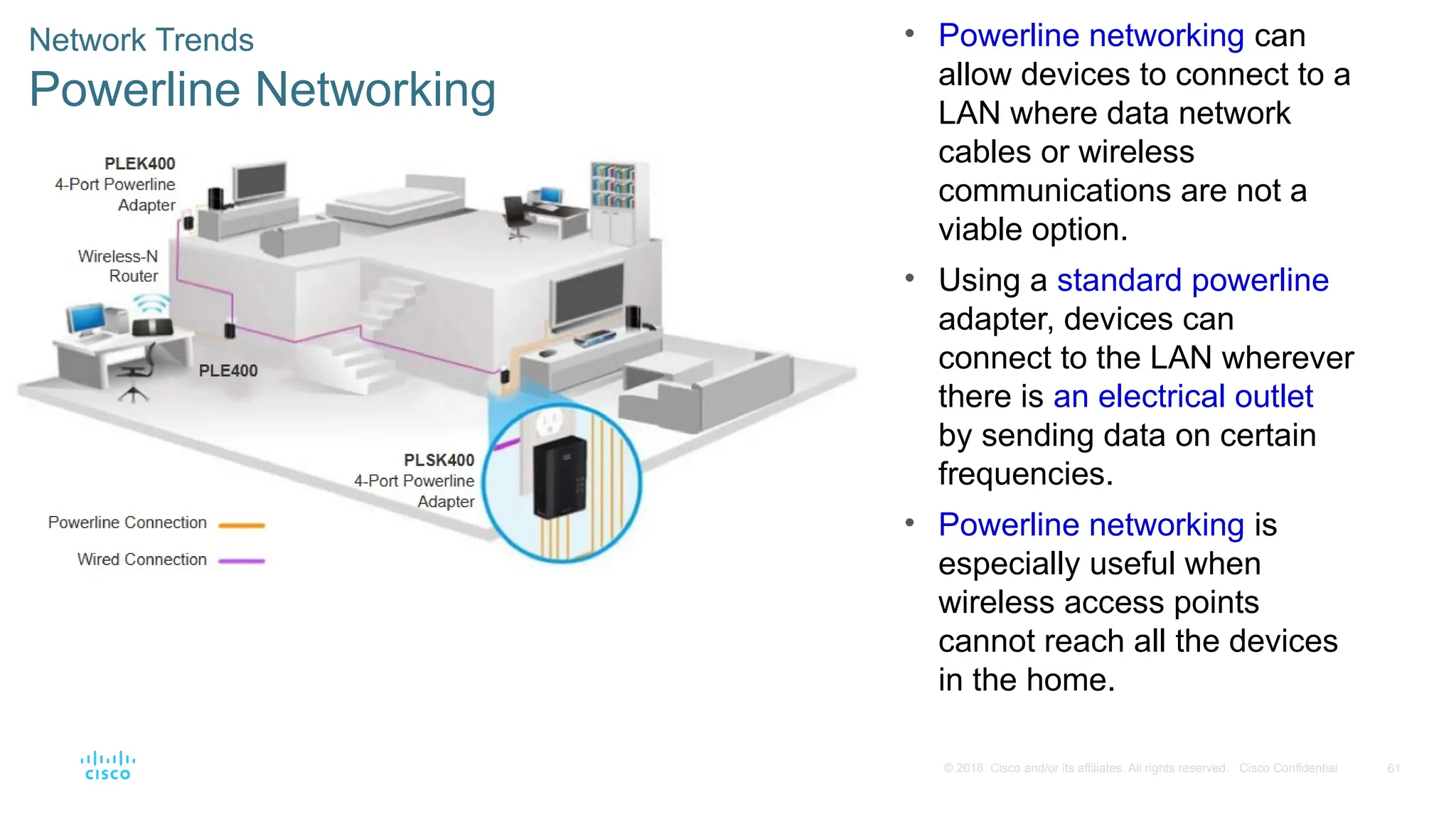 61
© 2016 Cisco and/or its affiliates. All rights reserved. Cisco Confidential
Network Trends
Powerline Networking
• Powerline networking can
allow devices to connect to a
LAN where data network
cables or wireless
communications are not a
viable option.
• Using a standard powerline
adapter, devices can
connect to the LAN wherever
there is an electrical outlet
by sending data on certain
frequencies.
• Powerline networking is
especially useful when
wireless access points
cannot reach all the devices
in the home.
 