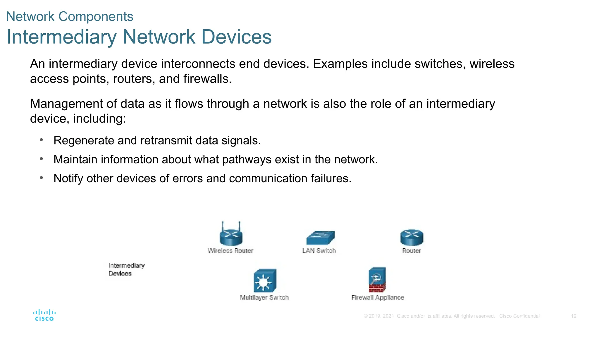 12
© 2019, 2021 Cisco and/or its affiliates. All rights reserved. Cisco Confidential
Network Components
Intermediary Network Devices
An intermediary device interconnects end devices. Examples include switches, wireless
access points, routers, and firewalls.
Management of data as it flows through a network is also the role of an intermediary
device, including:
• Regenerate and retransmit data signals.
• Maintain information about what pathways exist in the network.
• Notify other devices of errors and communication failures.
 