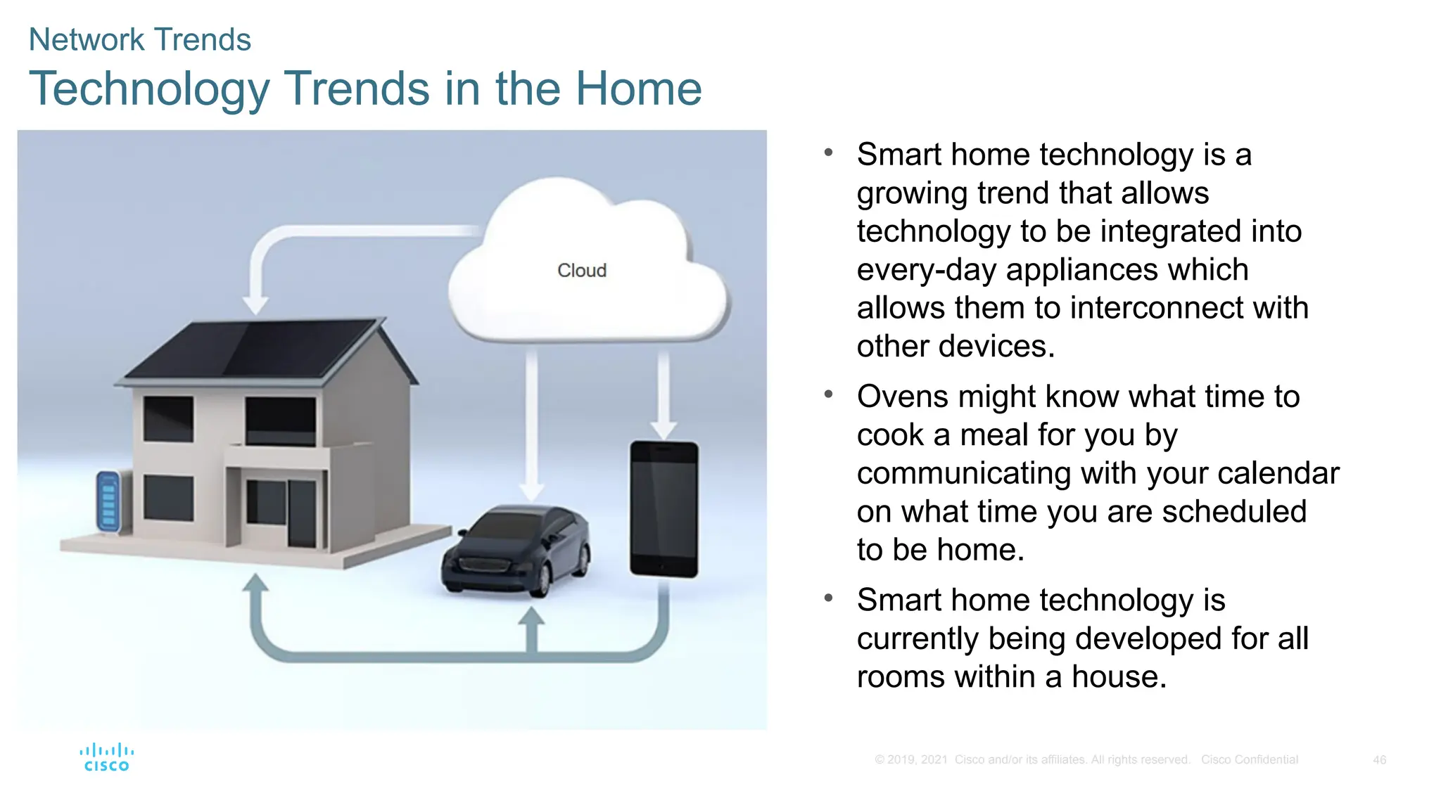 46
© 2019, 2021 Cisco and/or its affiliates. All rights reserved. Cisco Confidential
Network Trends
Technology Trends in the Home
• Smart home technology is a
growing trend that allows
technology to be integrated into
every-day appliances which
allows them to interconnect with
other devices.
• Ovens might know what time to
cook a meal for you by
communicating with your calendar
on what time you are scheduled
to be home.
• Smart home technology is
currently being developed for all
rooms within a house.
 