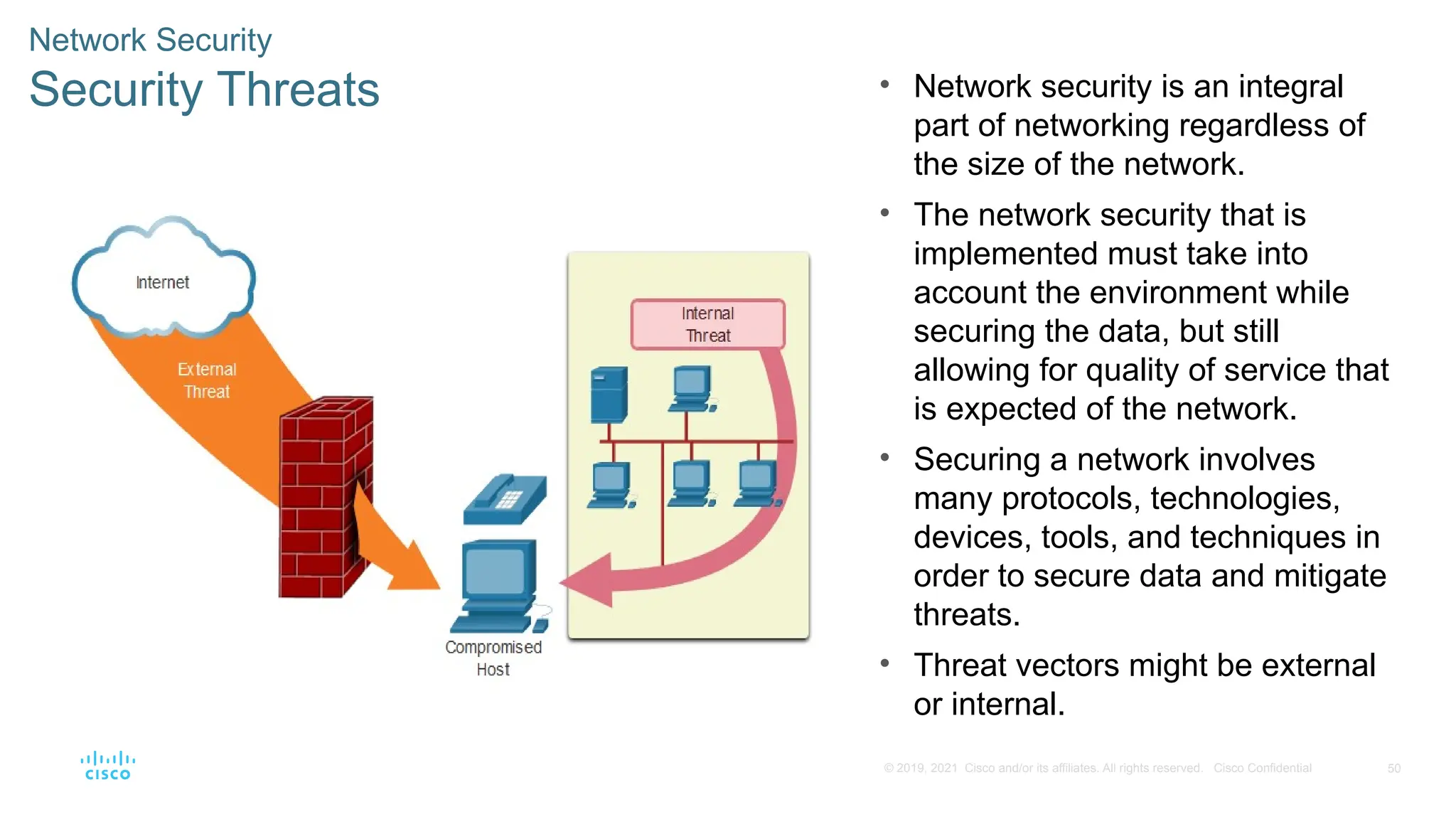 50
© 2019, 2021 Cisco and/or its affiliates. All rights reserved. Cisco Confidential
Network Security
Security Threats • Network security is an integral
part of networking regardless of
the size of the network.
• The network security that is
implemented must take into
account the environment while
securing the data, but still
allowing for quality of service that
is expected of the network.
• Securing a network involves
many protocols, technologies,
devices, tools, and techniques in
order to secure data and mitigate
threats.
• Threat vectors might be external
or internal.
 