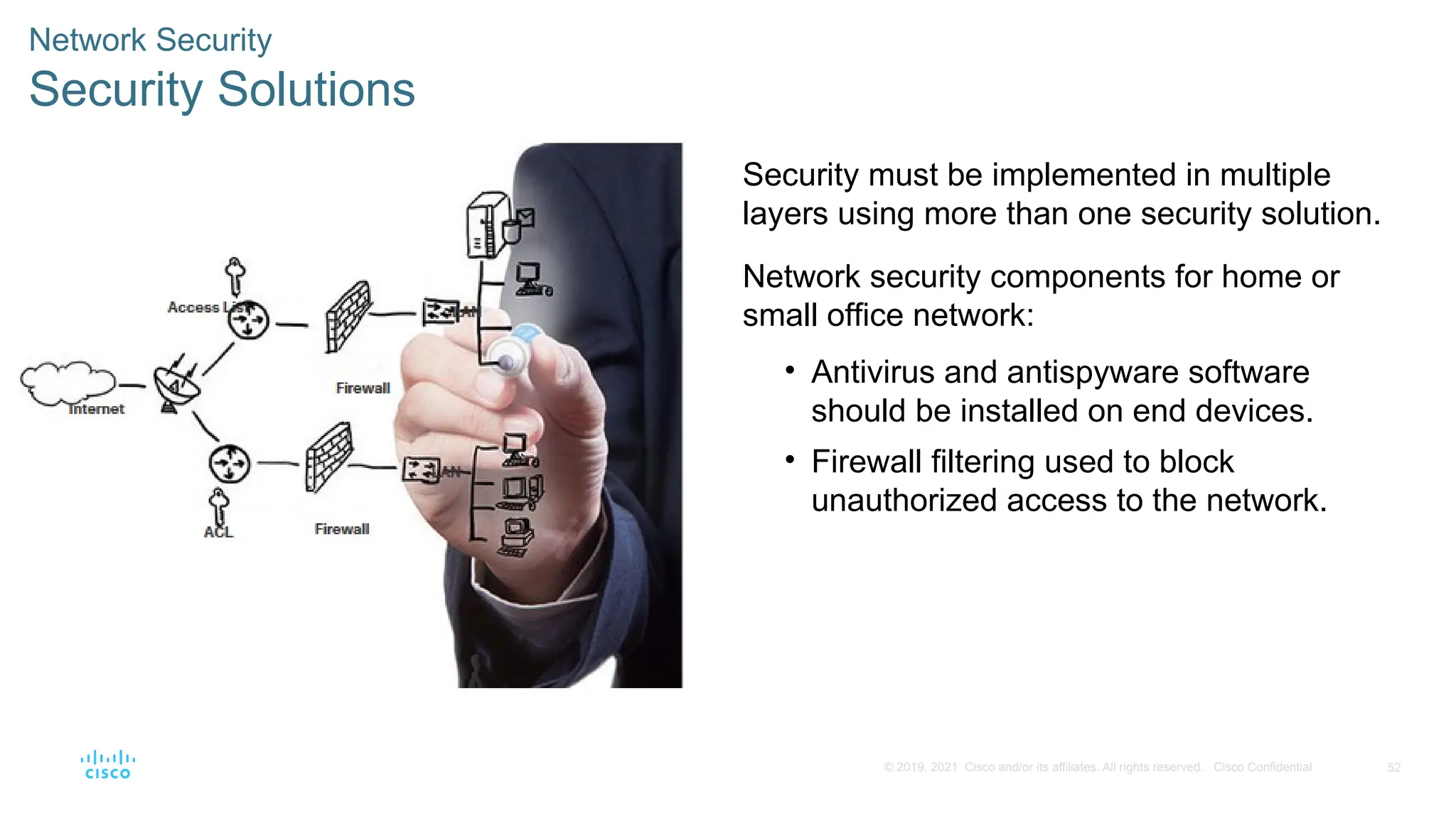 52
© 2019, 2021 Cisco and/or its affiliates. All rights reserved. Cisco Confidential
Network Security
Security Solutions
Security must be implemented in multiple
layers using more than one security solution.
Network security components for home or
small office network:
• Antivirus and antispyware software
should be installed on end devices.
• Firewall filtering used to block
unauthorized access to the network.
 