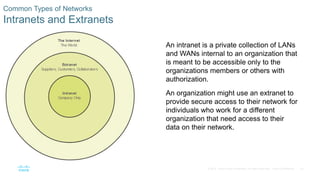 32
© 2016 Cisco and/or its affiliates. All rights reserved. Cisco Confidential
Common Types of Networks
Intranets and Extranets
An intranet is a private collection of LANs
and WANs internal to an organization that
is meant to be accessible only to the
organizations members or others with
authorization.
An organization might use an extranet to
provide secure access to their network for
individuals who work for a different
organization that need access to their
data on their network.
 
