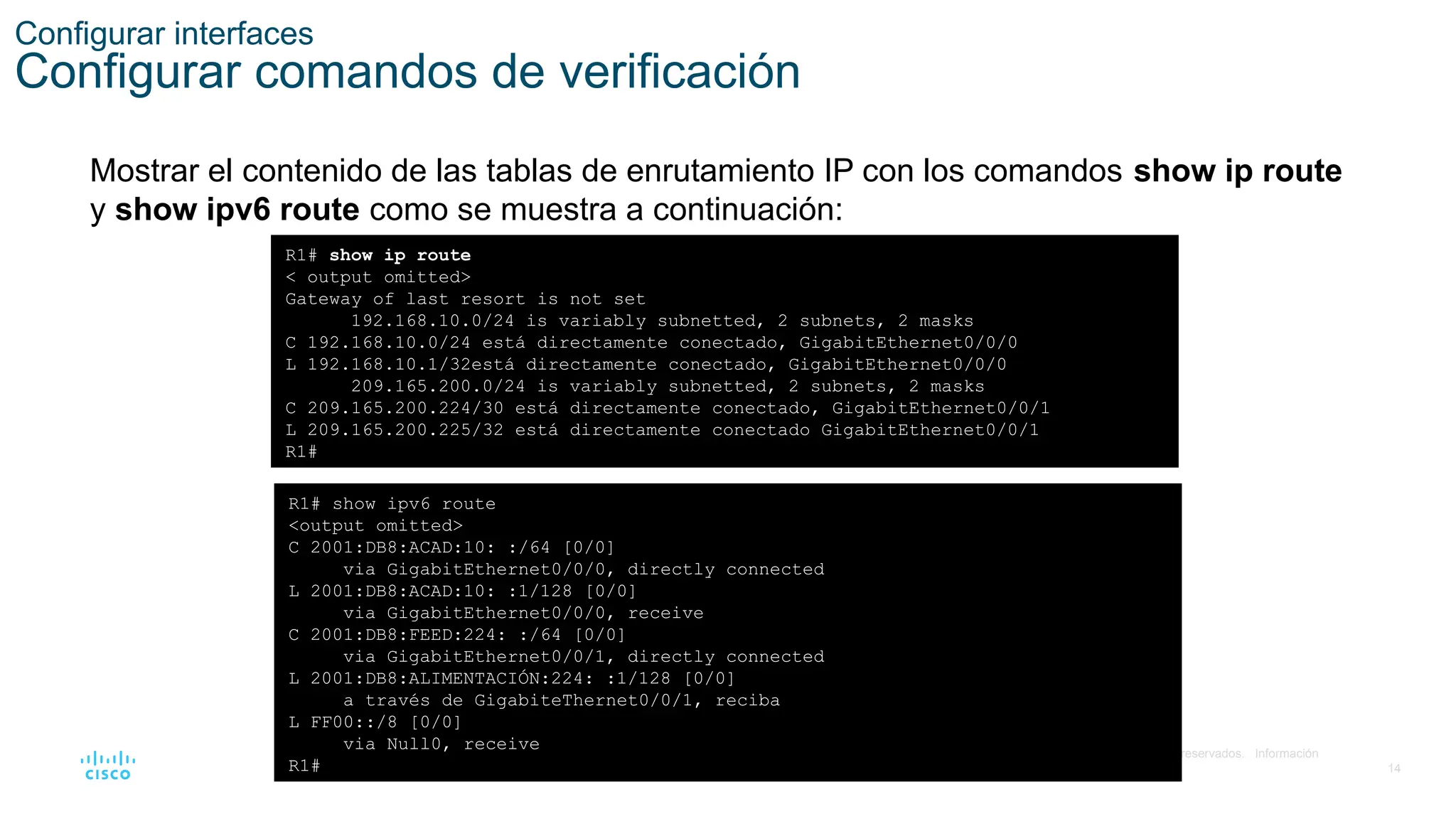14
© 2021 Cisco y/o sus filiales. Todos los derechos reservados. Información
confidencial de Cisco
Configurar interfaces
Configurar comandos de verificación
Mostrar el contenido de las tablas de enrutamiento IP con los comandos show ip route
y show ipv6 route como se muestra a continuación:
R1# show ip route
< output omitted>
Gateway of last resort is not set
192.168.10.0/24 is variably subnetted, 2 subnets, 2 masks
C 192.168.10.0/24 está directamente conectado, GigabitEthernet0/0/0
L 192.168.10.1/32está directamente conectado, GigabitEthernet0/0/0
209.165.200.0/24 is variably subnetted, 2 subnets, 2 masks
C 209.165.200.224/30 está directamente conectado, GigabitEthernet0/0/1
L 209.165.200.225/32 está directamente conectado GigabitEthernet0/0/1
R1#
R1# show ipv6 route
<output omitted>
C 2001:DB8:ACAD:10: :/64 [0/0]
via GigabitEthernet0/0/0, directly connected
L 2001:DB8:ACAD:10: :1/128 [0/0]
via GigabitEthernet0/0/0, receive
C 2001:DB8:FEED:224: :/64 [0/0]
via GigabitEthernet0/0/1, directly connected
L 2001:DB8:ALIMENTACIÓN:224: :1/128 [0/0]
a través de GigabiteThernet0/0/1, reciba
L FF00::/8 [0/0]
via Null0, receive
R1#
 