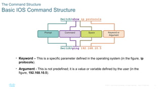 17
© 2016 Cisco and/or its affiliates. All rights reserved. Cisco Confidential
The Command Structure
Basic IOS Command Structure
• Keyword – This is a specific parameter defined in the operating system (in the figure, ip
protocols).
• Argument - This is not predefined; it is a value or variable defined by the user (in the
figure, 192.168.10.5).
 