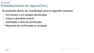 20
© 2016 Cisco e/ou suas afiliadas. Todos os direitos reservados.
Confidencial da Cisco
As regras
Estabelecimento de regras(Cont.)
Os protocolos devem ser considerados para os seguintes requisitos:
• Um emissor e um receptor identificados
• Língua e gramática comum
• Velocidade e ritmo de transmissão
• Requisitos de confirmação ou recepção
 