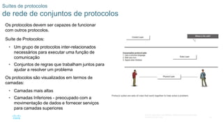 33
© 2016 Cisco e/ou suas afiliadas. Todos os direitos reservados.
Confidencial da Cisco
Suítes de protocolos
de rede de conjuntos de protocolos
Os protocolos devem ser capazes de funcionar
com outros protocolos.
Suíte de Protocolos:
• Um grupo de protocolos inter-relacionados
necessários para executar uma função de
comunicação
• Conjuntos de regras que trabalham juntos para
ajudar a resolver um problema
Os protocolos são visualizados em termos de
camadas:
• Camadas mais altas
• Camadas Inferiores - preocupado com a
movimentação de dados e fornecer serviços
para camadas superiores
 