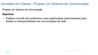 14
© 2016 Cisco e/ou suas afiliadas. Todos os direitos reservados.
Confidencial da Cisco
Atividade em Classe - Projetar um Sistema de Comunicação
Projetar um sistema de comunicação
Objetivos:
• Explicar a função dos protocolos e das organizações padronizadoras para
facilitar a interoperabilidade nas comunicações de rede.
 