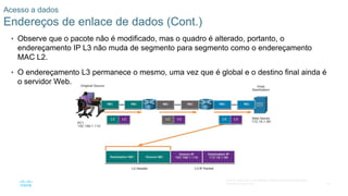 70
© 2016 Cisco e/ou suas afiliadas. Todos os direitos reservados.
Confidencial da Cisco
Acesso a dados
Endereços de enlace de dados (Cont.)
• Observe que o pacote não é modificado, mas o quadro é alterado, portanto, o
endereçamento IP L3 não muda de segmento para segmento como o endereçamento
MAC L2.
• O endereçamento L3 permanece o mesmo, uma vez que é global e o destino final ainda é
o servidor Web.
 