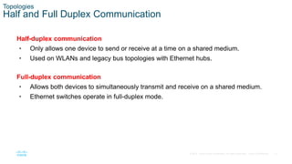12
© 2016 Cisco and/or its affiliates. All rights reserved. Cisco Confidential
Topologies
Half and Full Duplex Communication
Half-duplex communication
• Only allows one device to send or receive at a time on a shared medium.
• Used on WLANs and legacy bus topologies with Ethernet hubs.
Full-duplex communication
• Allows both devices to simultaneously transmit and receive on a shared medium.
• Ethernet switches operate in full-duplex mode.
 