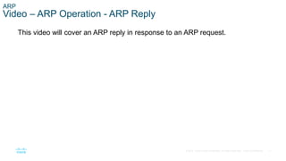 11
© 2016 Cisco and/or its affiliates. All rights reserved. Cisco Confidential
ARP
Video – ARP Operation - ARP Reply
This video will cover an ARP reply in response to an ARP request.
 