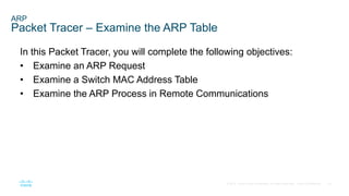 16
© 2016 Cisco and/or its affiliates. All rights reserved. Cisco Confidential
ARP
Packet Tracer – Examine the ARP Table
In this Packet Tracer, you will complete the following objectives:
• Examine an ARP Request
• Examine a Switch MAC Address Table
• Examine the ARP Process in Remote Communications
 