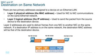 4
© 2016 Cisco and/or its affiliates. All rights reserved. Cisco Confidential
MAC and IP
Destination on Same Network
There are two primary addresses assigned to a device on an Ethernet LAN:
• Layer 2 physical address (the MAC address) – Used for NIC to NIC communications
on the same Ethernet network.
• Layer 3 logical address (the IP address) – Used to send the packet from the source
device to the destination device.
Layer 2 addresses are used to deliver frames from one NIC to another NIC on the same
network. If a destination IP address is on the same network, the destination MAC address
will be that of the destination device.
 