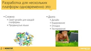 • Сложно
• Свой тулчейн для каждой
платформы
• Продвинутые языки
Разработка для нескольких
платформ одновременно это:
• Долго
• Дизайн
• Кодирование
• Отладка
• Тестирование
 