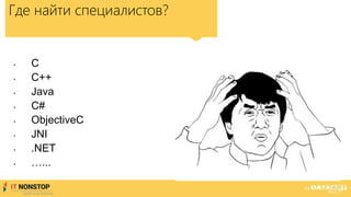 Где найти специалистов?
• C
• C++
• Java
• C#
• ObjectiveC
• JNI
• .NET
• …...
 