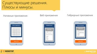 Нативные приложения Веб приложения Гибридные приложения
Существующие решения.
Плюсы и минусы.
 