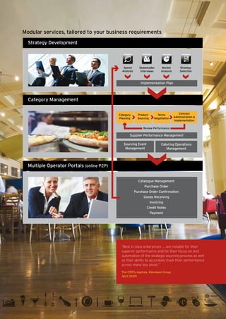Modular services, tailored to your business requirements
  Strategy Development



                                              Spend        Stakeholder      Market         Strategy
                                             Analysis       Interviews      Analysis       Selection



                                                            Implementation Plan



  Category Management

                                           Category       Product        Terms            Contract
                                           Planning       Sourcing     Negotiation     Administration &
                                                                                       Implementation

                                                              Review Performance

                                                  Supplier Performance Management

                                              Sourcing Event                Catering Operations
                                               Management                      Management




  Multiple Operator Portals (online P2P)


                                                          Catalogue Management
                                                              Purchase Order
                                                        Purchase Order Confirmation
                                                              Goods Receiving
                                                                     Invoicing
                                                                Credit Notes
                                                                     Payment




                                            “Best in class enterprises …. are notable for their
                                            superior performance and for their focus on and
                                            automation of the strategic sourcing process as well
                                            as their ability to accurately track their performance
                                            across many key areas.”

                                            The CPO’s Agenda, Aberdeen Group
                                            April 2009
 