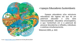 ✓Espaços Educadores Sustentáveis
Espaços educadores e/ou estruturas
educadoras são lugares em que há um
potencial educador e uma clara
intencionalidade educadora emancipatória,
e que “contenham em si o potencial de
provocar descobertas e reflexões, individuais
e coletivas simultaneamente.
Matarezi( 2005, p. 163)
Fonte: https://cides.com.br Acesso em 10 de julho de 2019
 
