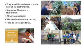 ✓Programa Educando com a horta
escolar e a gastronomia;
✓Segurança Alimentar e
Nutricional;
✓28 hortas escolares;
✓3 Feiras de sementes e mudas;
✓Feira de trocas Solidárias.
Experiências e projetos
 