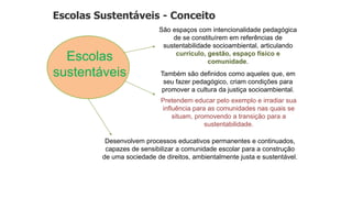 Desenvolvem processos educativos permanentes e continuados,
capazes de sensibilizar a comunidade escolar para a construção
de uma sociedade de direitos, ambientalmente justa e sustentável.
Escolas Sustentáveis - Conceito
Escolas
sustentáveis
São espaços com intencionalidade pedagógica
de se constituírem em referências de
sustentabilidade socioambiental, articulando
currículo, gestão, espaço físico e
comunidade.
Também são definidos como aqueles que, em
seu fazer pedagógico, criam condições para
promover a cultura da justiça socioambiental.
Pretendem educar pelo exemplo e irradiar sua
influência para as comunidades nas quais se
situam, promovendo a transição para a
sustentabilidade.
 