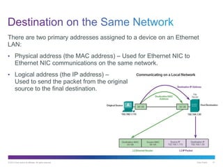 © 2013 Cisco and/or its affiliates. All rights reserved. Cisco Public 41
There are two primary addresses assigned to a device on an Ethernet
LAN:
• Physical address (the MAC address) – Used for Ethernet NIC to
Ethernet NIC communications on the same network.
• Logical address (the IP address) –
Used to send the packet from the original
source to the final destination.
 