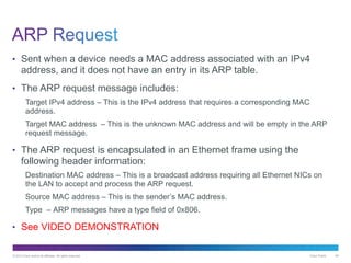 © 2013 Cisco and/or its affiliates. All rights reserved. Cisco Public 46
• Sent when a device needs a MAC address associated with an IPv4
address, and it does not have an entry in its ARP table.
• The ARP request message includes:
Target IPv4 address – This is the IPv4 address that requires a corresponding MAC
address.
Target MAC address – This is the unknown MAC address and will be empty in the ARP
request message.
• The ARP request is encapsulated in an Ethernet frame using the
following header information:
Destination MAC address – This is a broadcast address requiring all Ethernet NICs on
the LAN to accept and process the ARP request.
Source MAC address – This is the sender’s MAC address.
Type – ARP messages have a type field of 0x806.
• See VIDEO DEMONSTRATION
 