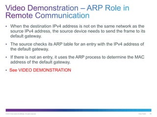 © 2013 Cisco and/or its affiliates. All rights reserved. Cisco Public 48
• When the destination IPv4 address is not on the same network as the
source IPv4 address, the source device needs to send the frame to its
default gateway.
• The source checks its ARP table for an entry with the IPv4 address of
the default gateway.
• If there is not an entry, it uses the ARP process to determine the MAC
address of the default gateway.
• See VIDEO DEMONSTRATION
 