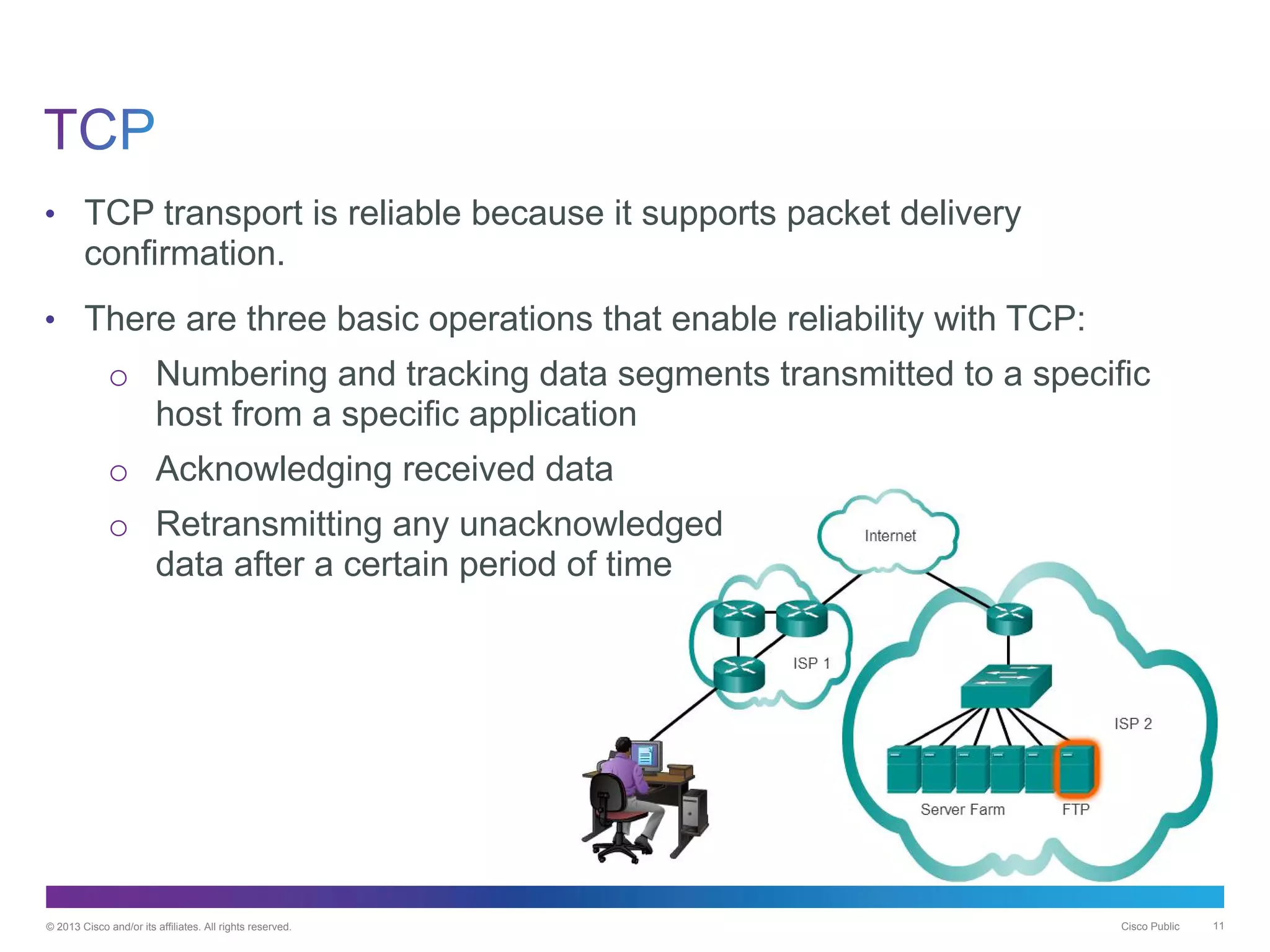 © 2013 Cisco and/or its affiliates. All rights reserved. Cisco Public 11
• TCP transport is reliable because it supports packet delivery
confirmation.
• There are three basic operations that enable reliability with TCP:
o Numbering and tracking data segments transmitted to a specific
host from a specific application
o Acknowledging received data
o Retransmitting any unacknowledged
data after a certain period of time
 