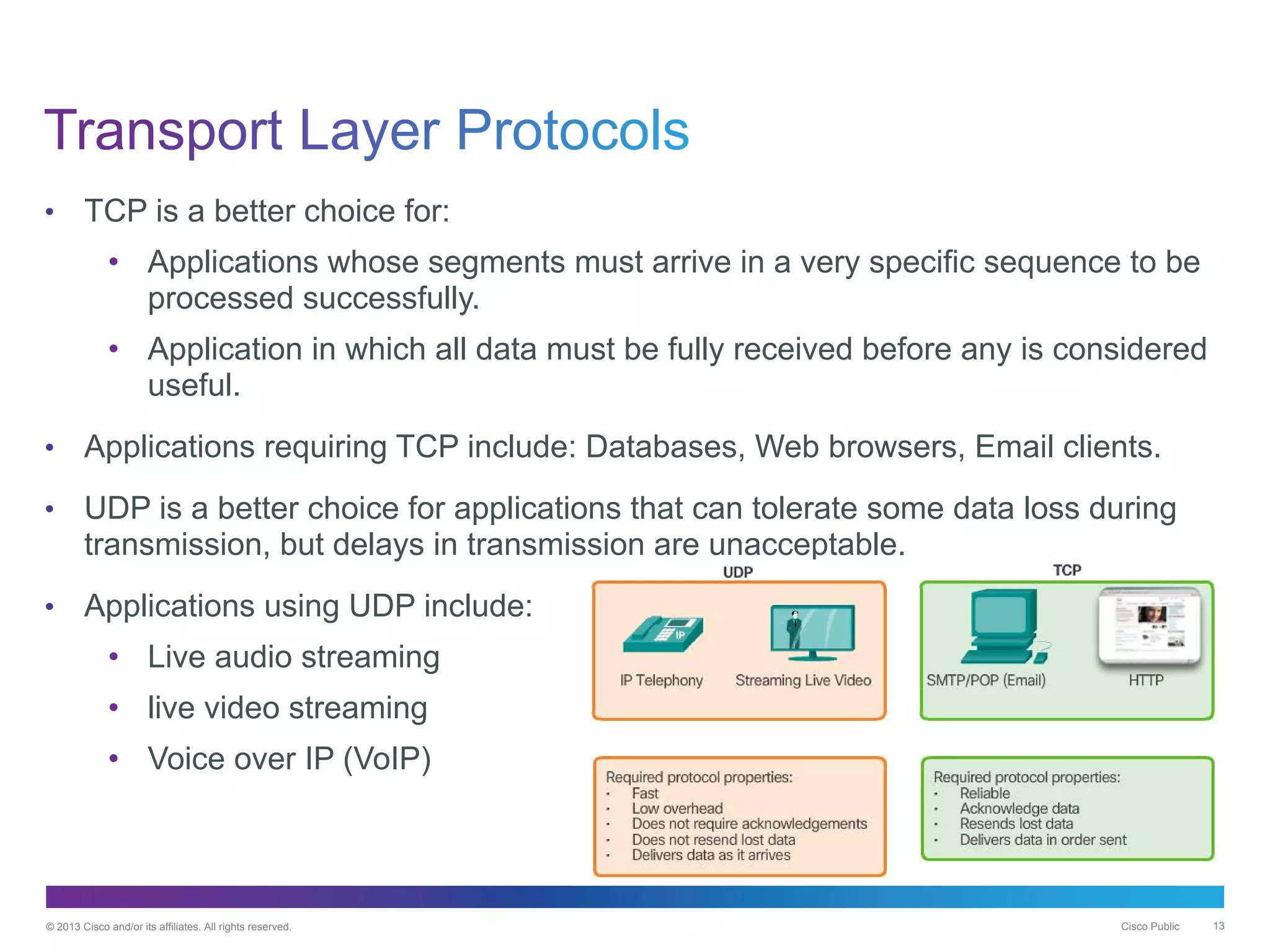 © 2013 Cisco and/or its affiliates. All rights reserved. Cisco Public 13
• TCP is a better choice for:
• Applications whose segments must arrive in a very specific sequence to be
processed successfully.
• Application in which all data must be fully received before any is considered
useful.
• Applications requiring TCP include: Databases, Web browsers, Email clients.
• UDP is a better choice for applications that can tolerate some data loss during
transmission, but delays in transmission are unacceptable.
• Applications using UDP include:
• Live audio streaming
• live video streaming
• Voice over IP (VoIP)
 