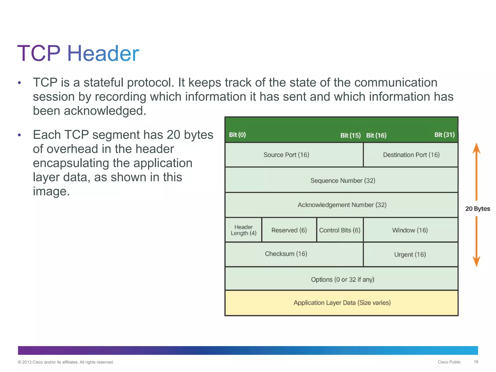 © 2013 Cisco and/or its affiliates. All rights reserved. Cisco Public 16
• TCP is a stateful protocol. It keeps track of the state of the communication
session by recording which information it has sent and which information has
been acknowledged.
• Each TCP segment has 20 bytes
of overhead in the header
encapsulating the application
layer data, as shown in this
image.
 