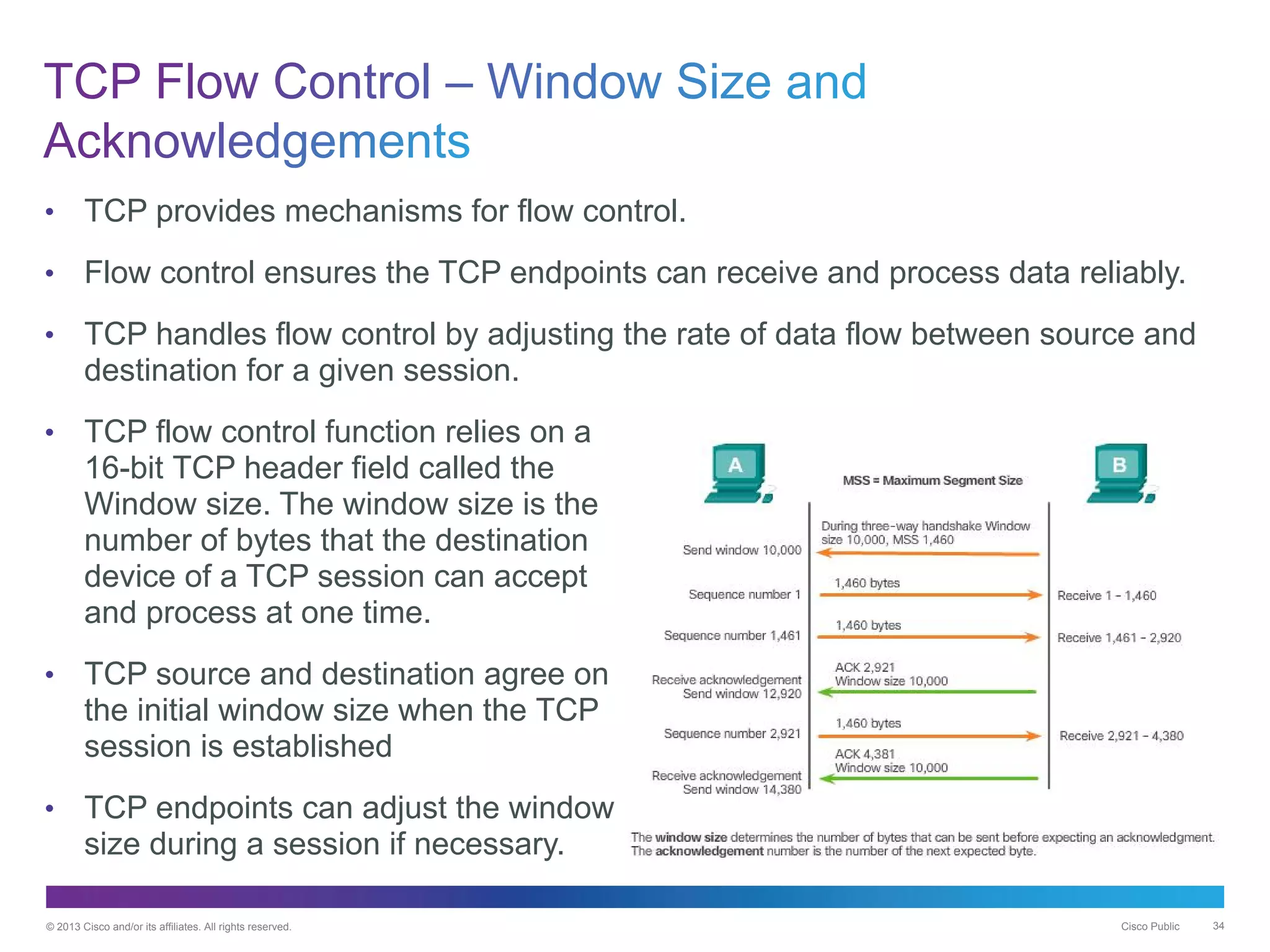 © 2013 Cisco and/or its affiliates. All rights reserved. Cisco Public 34
• TCP provides mechanisms for flow control.
• Flow control ensures the TCP endpoints can receive and process data reliably.
• TCP handles flow control by adjusting the rate of data flow between source and
destination for a given session.
• TCP flow control function relies on a
16-bit TCP header field called the
Window size. The window size is the
number of bytes that the destination
device of a TCP session can accept
and process at one time.
• TCP source and destination agree on
the initial window size when the TCP
session is established
• TCP endpoints can adjust the window
size during a session if necessary.
 