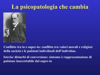 La psicopatologia che cambia 
Conflitto tra io e super-io: conflitto tra valori morali e religiosi 
della società e le pulsioni individuali dell’individuo. 
Isteria/ disturbi di conversione: sintomo è rappresentazione di 
pulsione inaccettabile dal super-io 
 