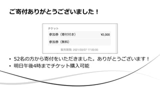 • 52名の方から寄付をいただきました。ありがとうございます！
• 明日午後4時までチケット購入可能
ご寄付ありがとうございました！
 