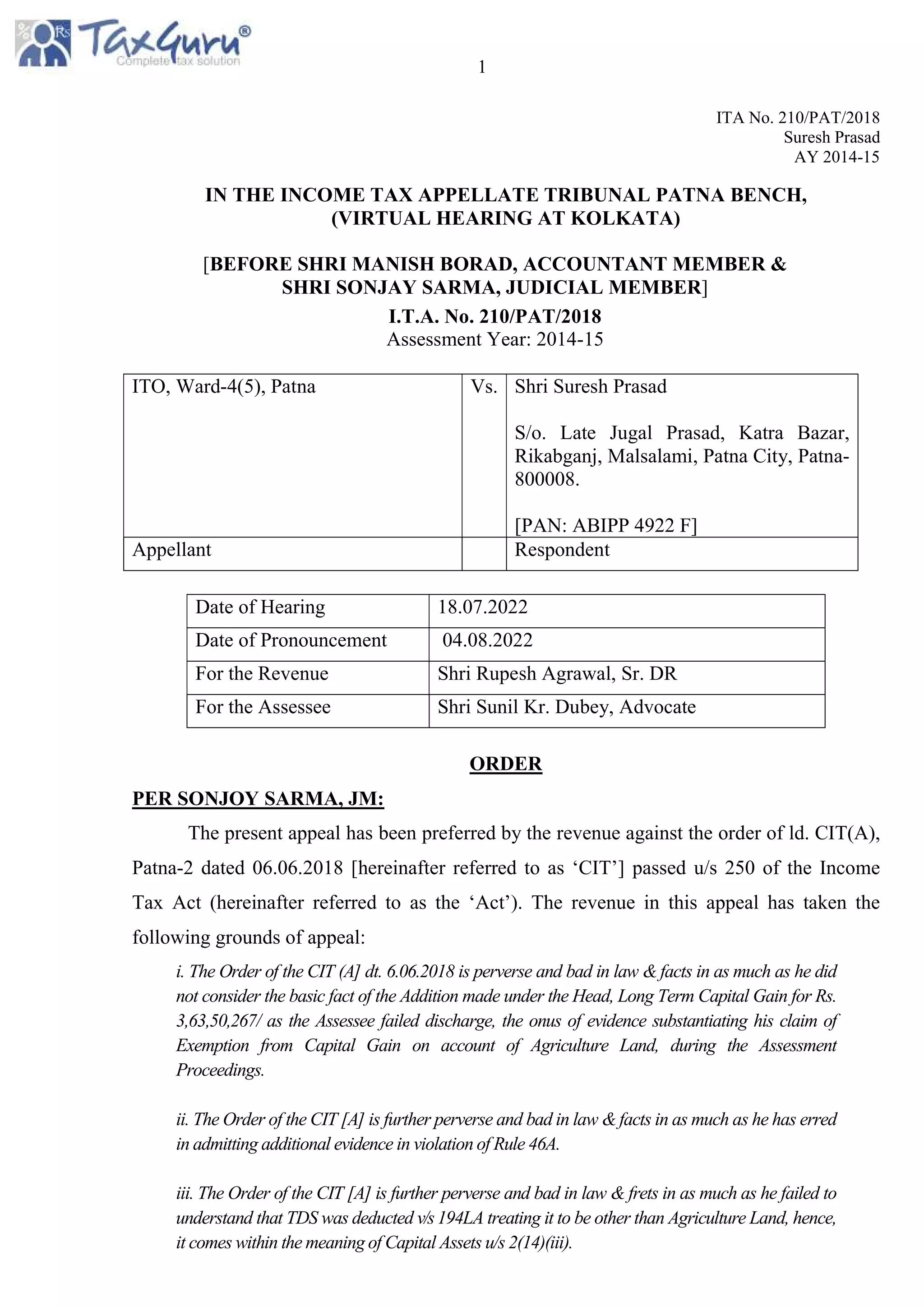 ITAT upholds CIT(A) order exempting compensation received for