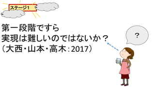 ステージ１
第一段階ですら
実現は難しいのではないか？
（大西・山本・高木：2017）
？
 