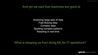 © 2017 SPLUNK INC.
Analysing large sets of data
Fast-flowing data
Complex data
Spotting complex patterns
Reacting in real time
And yet we said that machines are good at
What is stopping us from doing ML for IT operations?
 