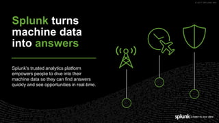 © 2017 SPLUNK INC.
Splunk turns
machine data
into answers
Splunk’s trusted analytics platform
empowers people to dive into their
machine data so they can find answers
quickly and see opportunities in real-time.
 