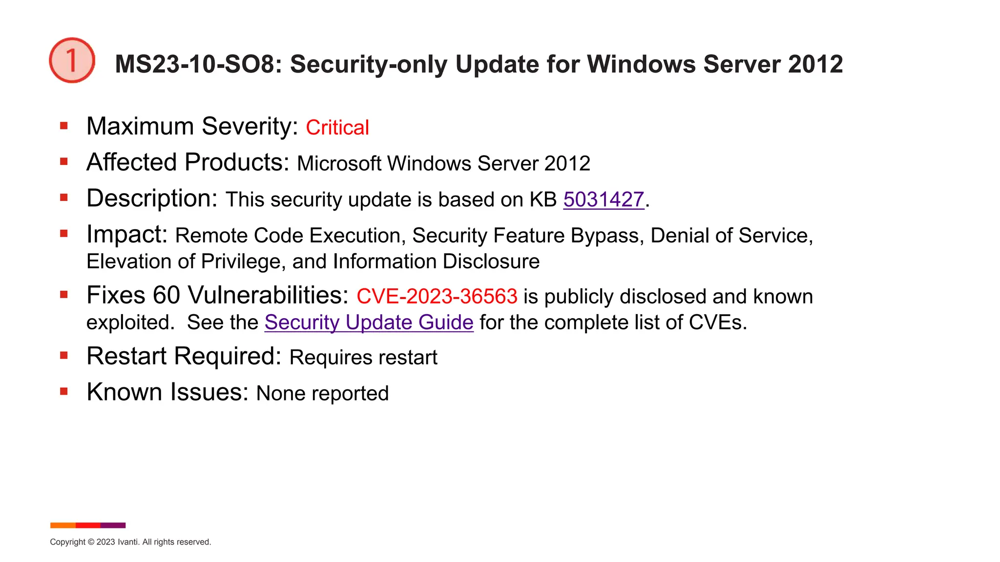 Copyright © 2023 Ivanti. All rights reserved.
MS23-10-SO8: Security-only Update for Windows Server 2012
 Maximum Severity: Critical
 Affected Products: Microsoft Windows Server 2012
 Description: This security update is based on KB 5031427.
 Impact: Remote Code Execution, Security Feature Bypass, Denial of Service,
Elevation of Privilege, and Information Disclosure
 Fixes 60 Vulnerabilities: CVE-2023-36563 is publicly disclosed and known
exploited. See the Security Update Guide for the complete list of CVEs.
 Restart Required: Requires restart
 Known Issues: None reported
 
