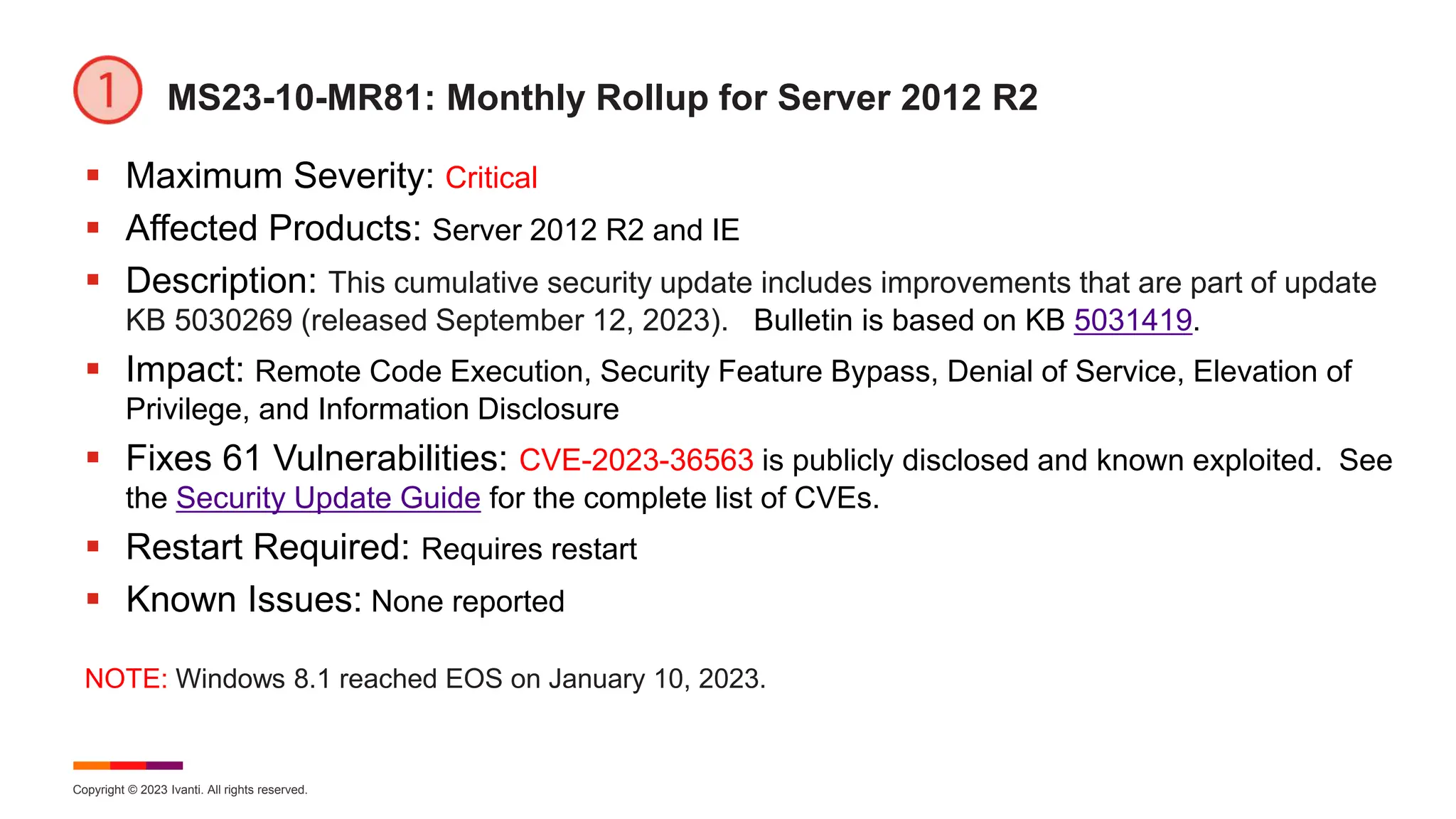 Copyright © 2023 Ivanti. All rights reserved.
MS23-10-MR81: Monthly Rollup for Server 2012 R2
 Maximum Severity: Critical
 Affected Products: Server 2012 R2 and IE
 Description: This cumulative security update includes improvements that are part of update
KB 5030269 (released September 12, 2023). Bulletin is based on KB 5031419.
 Impact: Remote Code Execution, Security Feature Bypass, Denial of Service, Elevation of
Privilege, and Information Disclosure
 Fixes 61 Vulnerabilities: CVE-2023-36563 is publicly disclosed and known exploited. See
the Security Update Guide for the complete list of CVEs.
 Restart Required: Requires restart
 Known Issues: None reported
NOTE: Windows 8.1 reached EOS on January 10, 2023.
 