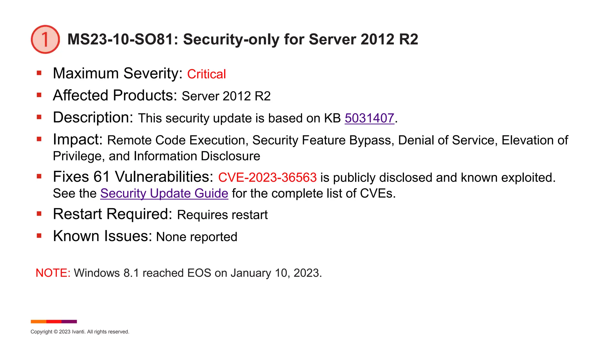 Copyright © 2023 Ivanti. All rights reserved.
MS23-10-SO81: Security-only for Server 2012 R2
 Maximum Severity: Critical
 Affected Products: Server 2012 R2
 Description: This security update is based on KB 5031407.
 Impact: Remote Code Execution, Security Feature Bypass, Denial of Service, Elevation of
Privilege, and Information Disclosure
 Fixes 61 Vulnerabilities: CVE-2023-36563 is publicly disclosed and known exploited.
See the Security Update Guide for the complete list of CVEs.
 Restart Required: Requires restart
 Known Issues: None reported
NOTE: Windows 8.1 reached EOS on January 10, 2023.
 