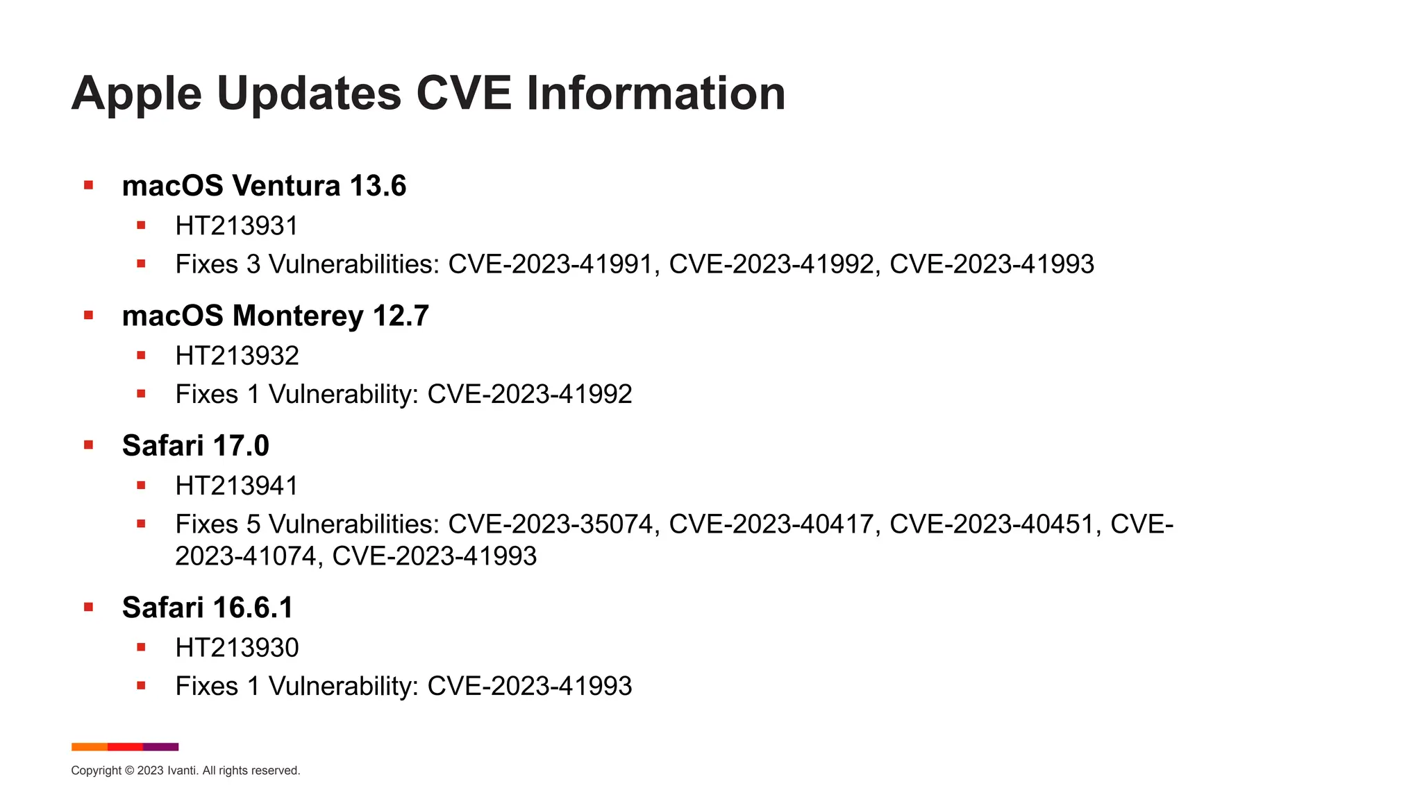 Copyright © 2023 Ivanti. All rights reserved.
Apple Updates CVE Information
 macOS Ventura 13.6
 HT213931
 Fixes 3 Vulnerabilities: CVE-2023-41991, CVE-2023-41992, CVE-2023-41993
 macOS Monterey 12.7
 HT213932
 Fixes 1 Vulnerability: CVE-2023-41992
 Safari 17.0
 HT213941
 Fixes 5 Vulnerabilities: CVE-2023-35074, CVE-2023-40417, CVE-2023-40451, CVE-
2023-41074, CVE-2023-41993
 Safari 16.6.1
 HT213930
 Fixes 1 Vulnerability: CVE-2023-41993
 