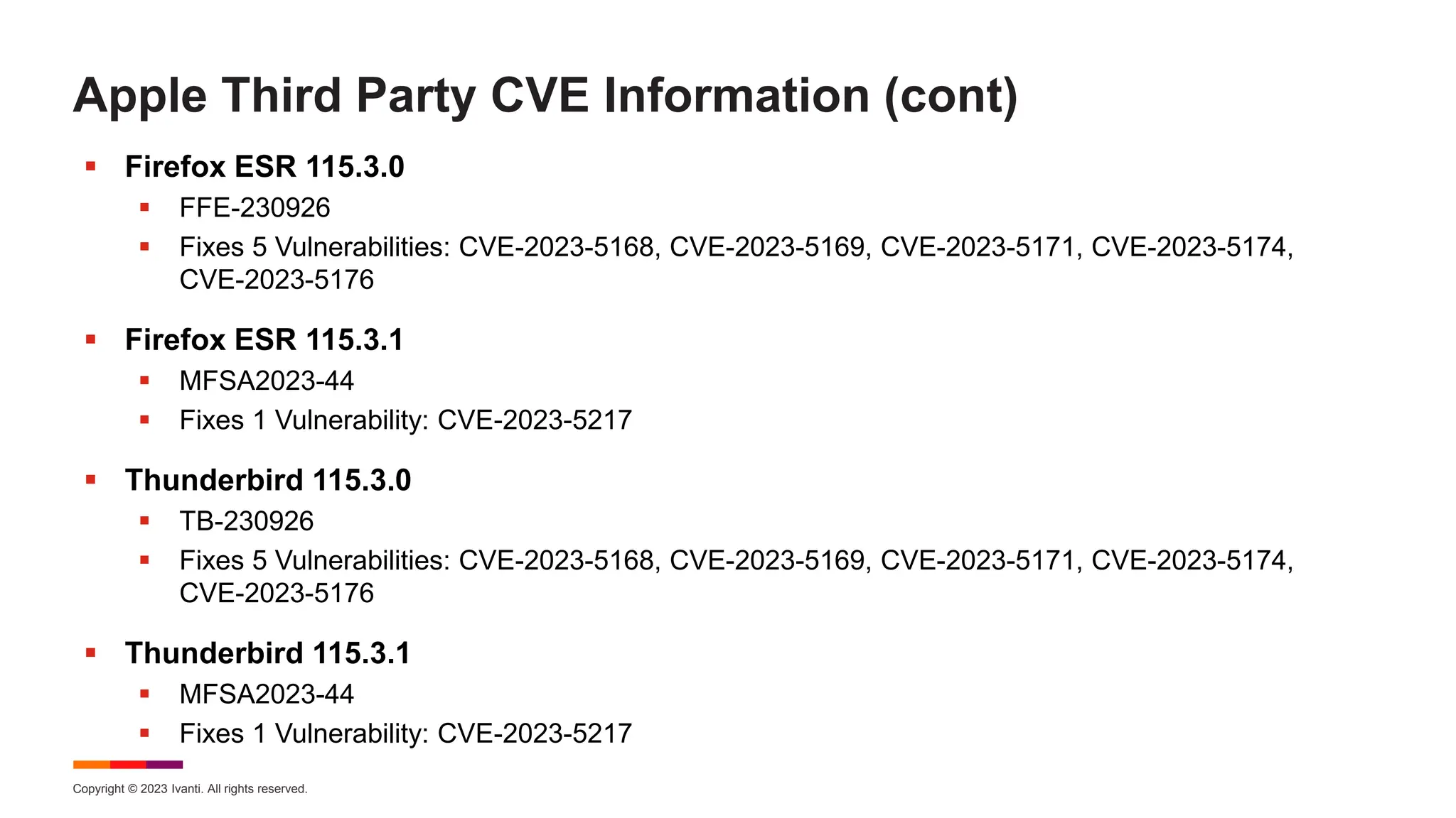 Copyright © 2023 Ivanti. All rights reserved.
Apple Third Party CVE Information (cont)
 Firefox ESR 115.3.0
 FFE-230926
 Fixes 5 Vulnerabilities: CVE-2023-5168, CVE-2023-5169, CVE-2023-5171, CVE-2023-5174,
CVE-2023-5176
 Firefox ESR 115.3.1
 MFSA2023-44
 Fixes 1 Vulnerability: CVE-2023-5217
 Thunderbird 115.3.0
 TB-230926
 Fixes 5 Vulnerabilities: CVE-2023-5168, CVE-2023-5169, CVE-2023-5171, CVE-2023-5174,
CVE-2023-5176
 Thunderbird 115.3.1
 MFSA2023-44
 Fixes 1 Vulnerability: CVE-2023-5217
 