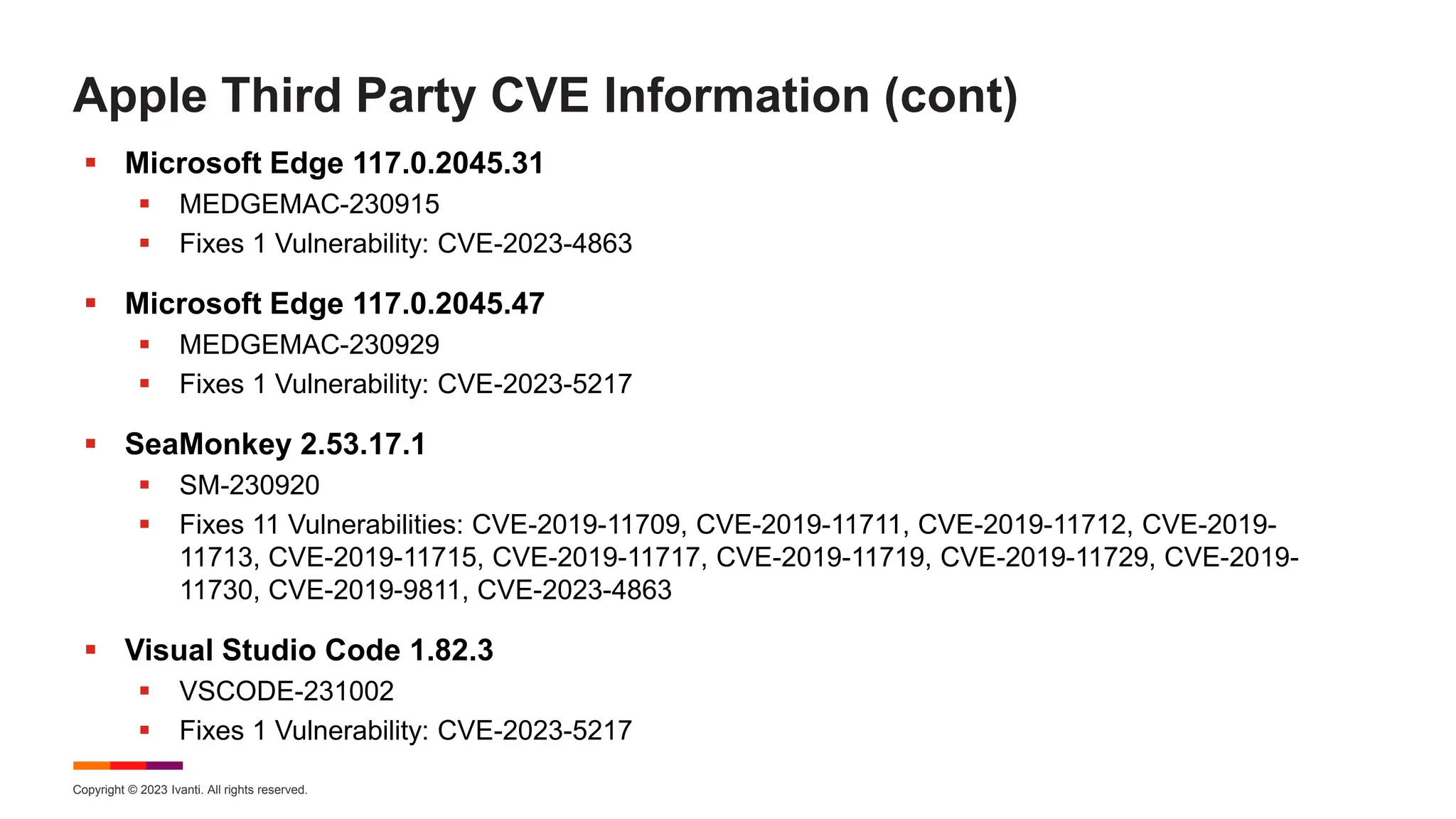 Copyright © 2023 Ivanti. All rights reserved.
Apple Third Party CVE Information (cont)
 Microsoft Edge 117.0.2045.31
 MEDGEMAC-230915
 Fixes 1 Vulnerability: CVE-2023-4863
 Microsoft Edge 117.0.2045.47
 MEDGEMAC-230929
 Fixes 1 Vulnerability: CVE-2023-5217
 SeaMonkey 2.53.17.1
 SM-230920
 Fixes 11 Vulnerabilities: CVE-2019-11709, CVE-2019-11711, CVE-2019-11712, CVE-2019-
11713, CVE-2019-11715, CVE-2019-11717, CVE-2019-11719, CVE-2019-11729, CVE-2019-
11730, CVE-2019-9811, CVE-2023-4863
 Visual Studio Code 1.82.3
 VSCODE-231002
 Fixes 1 Vulnerability: CVE-2023-5217
 